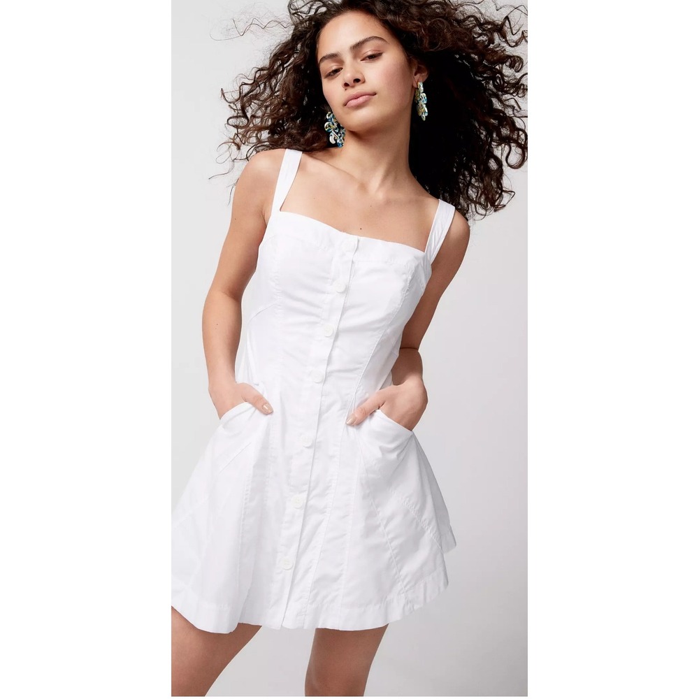URBAN OUTFITTERS White Button Front Square Neck Smocked Back Mini Dress Size L